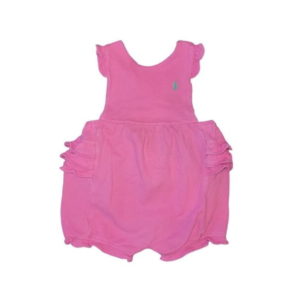 Ralph Lauren Overall Ruffle Bubble Romper 12m Overall Pink Green Pony - Picture 2 of 7